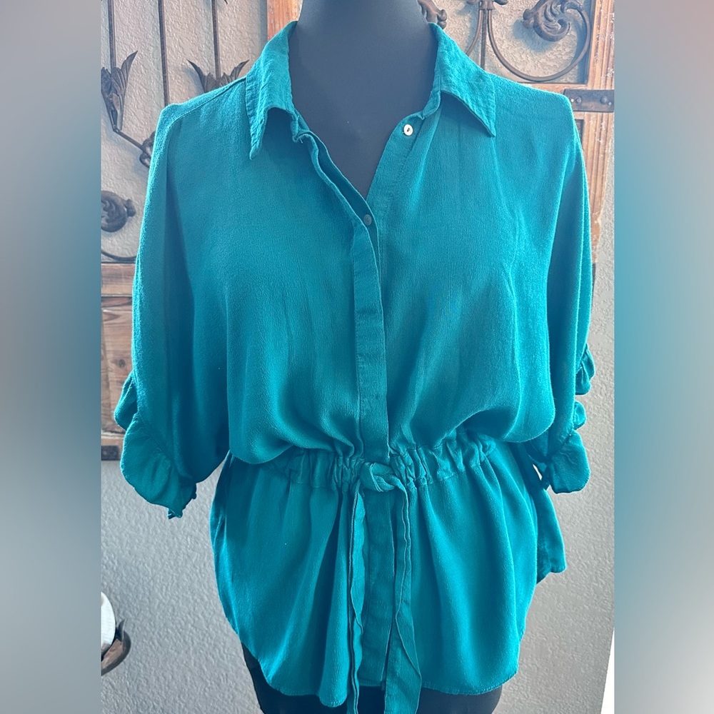 Zara Woman Teal Green Oversized Blouse w/Ruffle Sleeves & Drawstring Waist -Sz L
